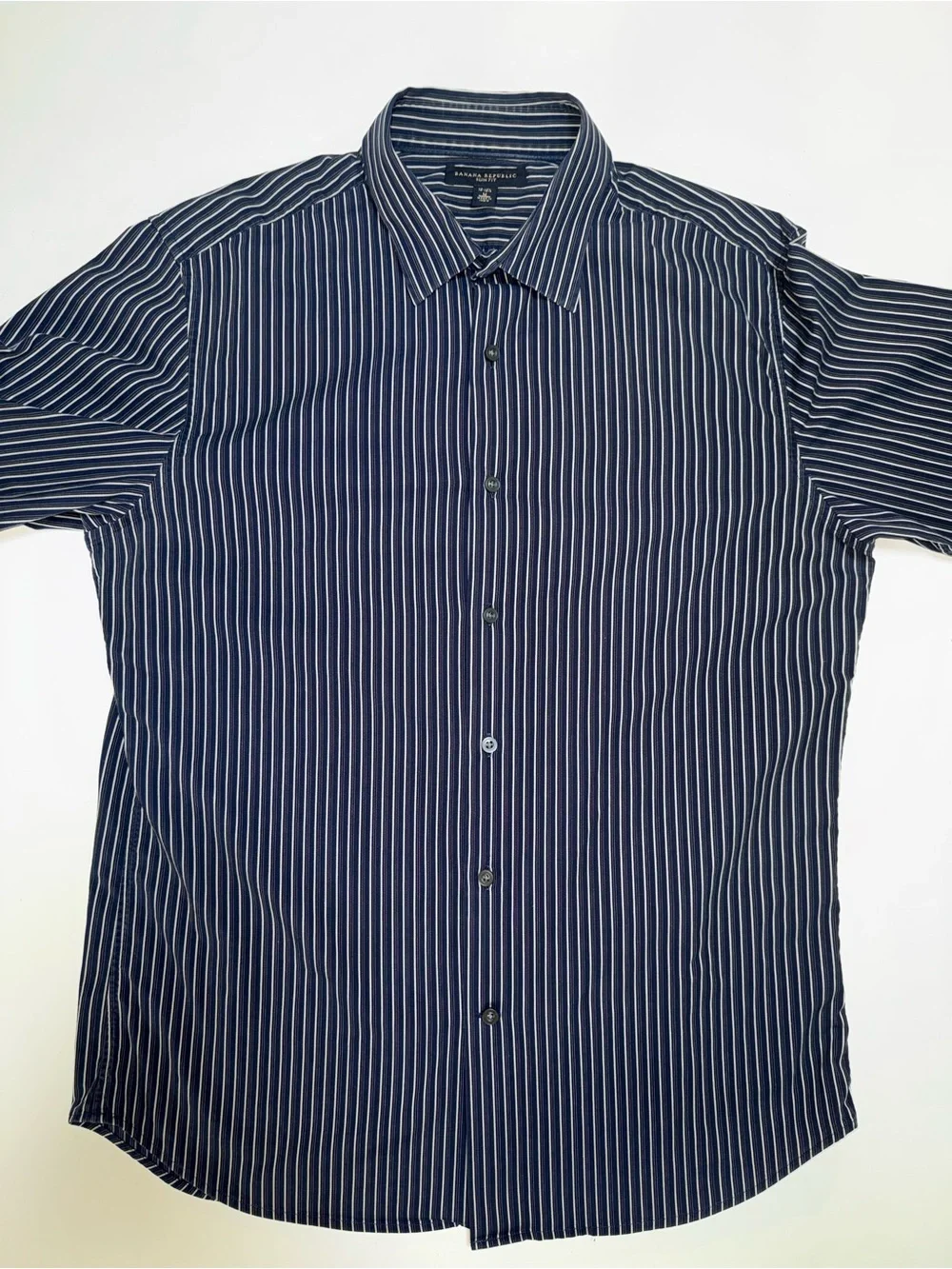 Banana Republic Slim Fit Blue/White Striped Dress Shirt 15-15.5, M Stretch